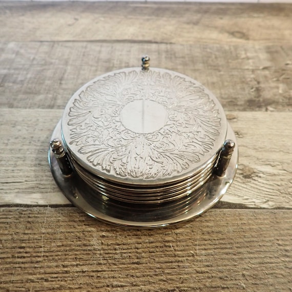 Vintage Silver Plate and Clear Glass Coaster Set of 5 in Holder Rack Sterling Silver Plated Coasters