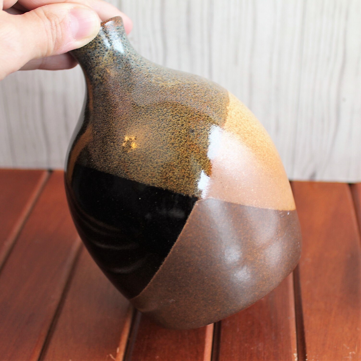 Vintage Pottery Craft USA Stoneware Vase Set of 3 Black Green Tan Leaf