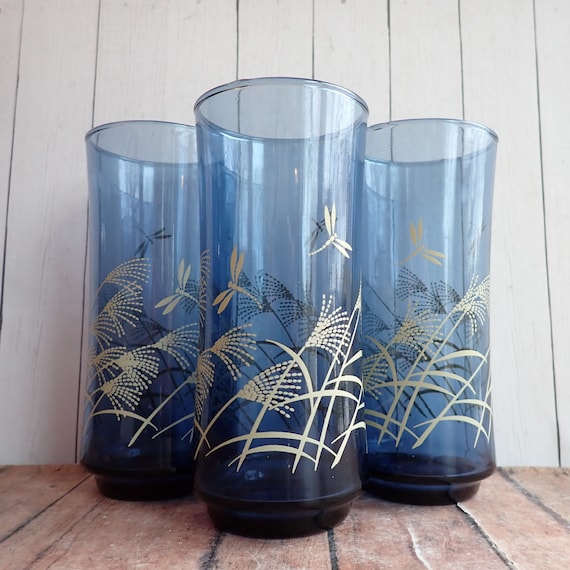 Vintage Libbey Glass Bolero Blue Tumblers with Wheat Grass Reeds and Dragonfly Design Set of 3 Drinking Glass Floral 14 oz.