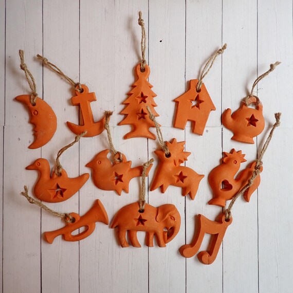 Vintage Ceramic Terra Cotta Christmas Ornament Set of 12 Pottery Ornaments Boho Style