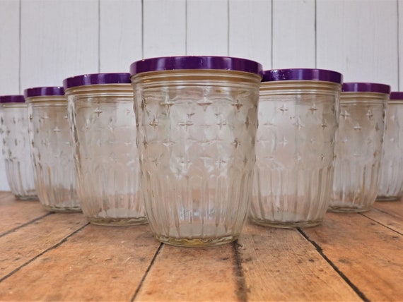 Vintage KERR Half Pint Jelly Jar Juice Glasses 8 oz. Tumblers Set of 8 with Lids Clear Drinking Glass Ribbed Star Design