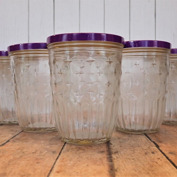 Vintage KERR Half Pint Jelly Jar Juice Glasses 8 oz. Tumblers Set of 8 with Lids Clear Drinking Glass Ribbed Star Design