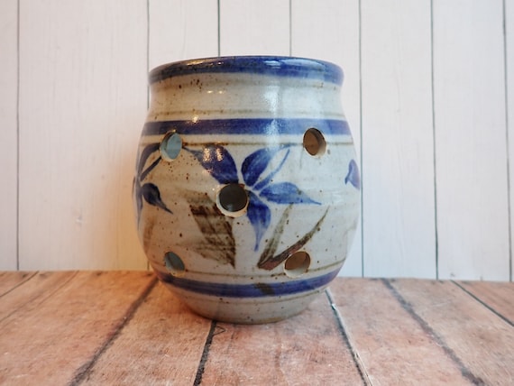 Vintage FRYE POTTERY Stoneware Luminary Candle Lantern Gray with Blue Flower Leaf Pattern Votive or Tea Light Holder