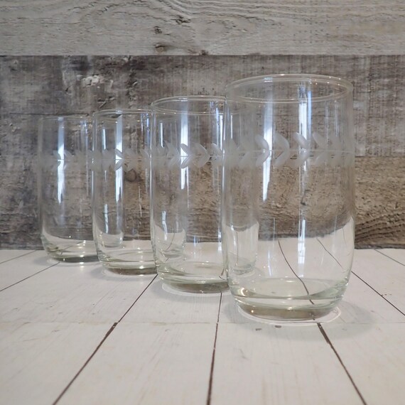 Vintage Anchor Hocking LAUREL Gray Cut Flat Tumbler Set of 4 9 oz. Clear with Vine Leaf Design Pattern