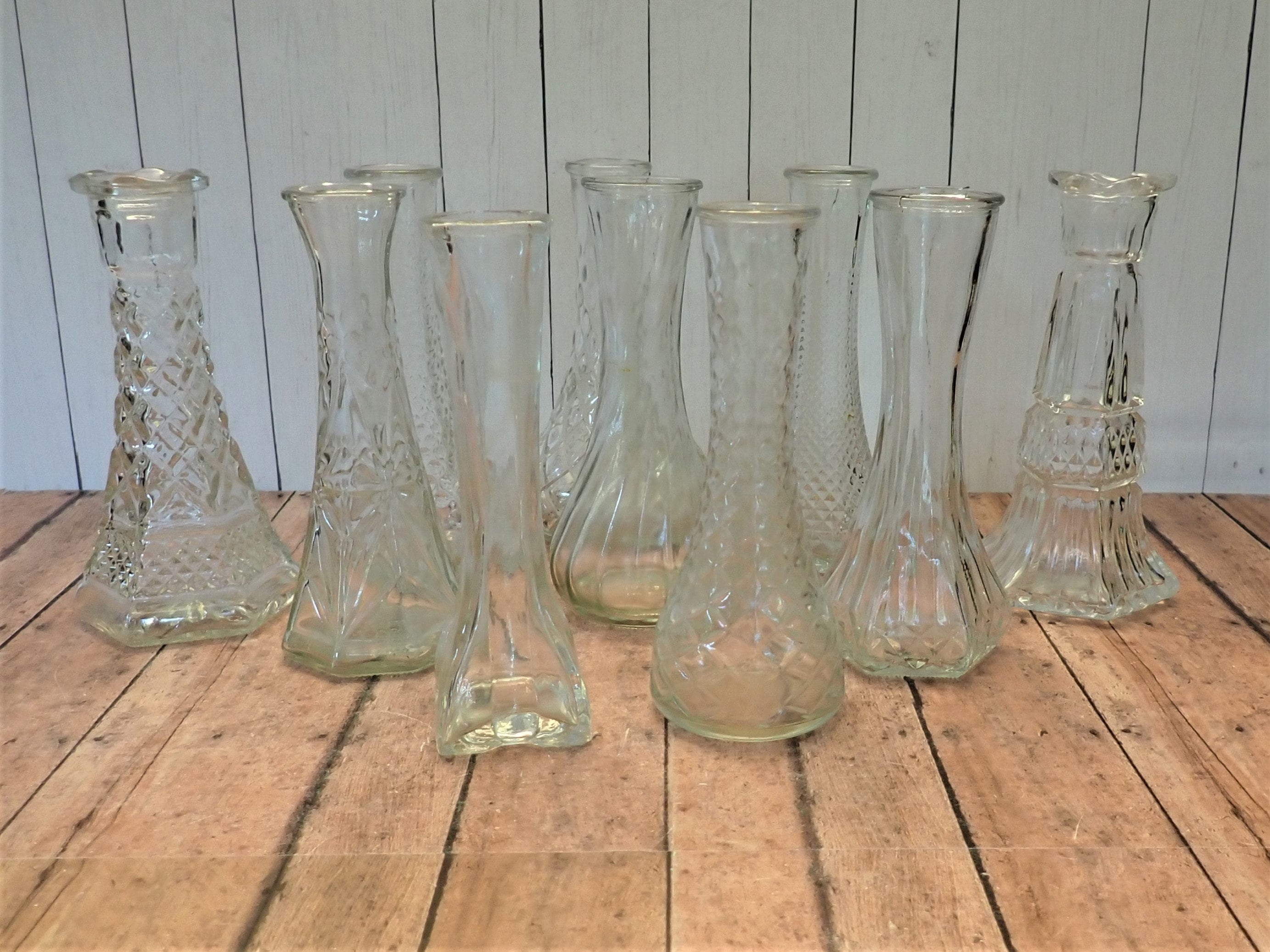Vintage Clear Glass Bud Vase Set Of 10 Vases All Different Patterns Wedding Vases