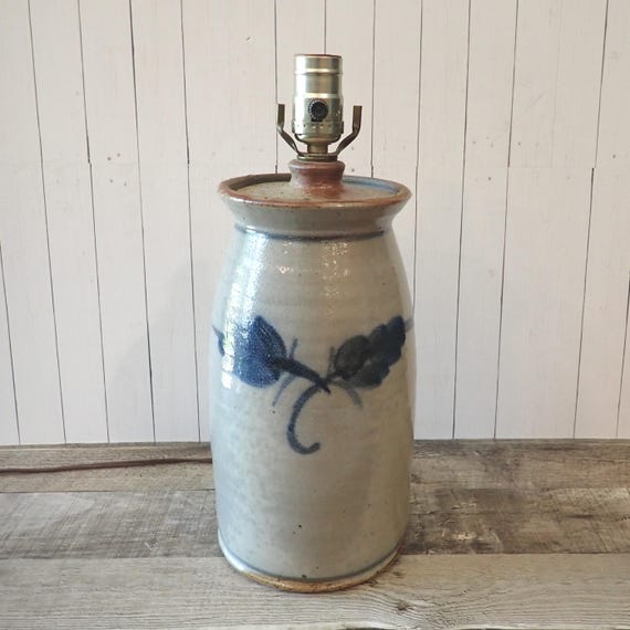 Vintage Salt Glazed Stoneware Crock Style Table Lamp Gray with Blue Flower Leaf Design