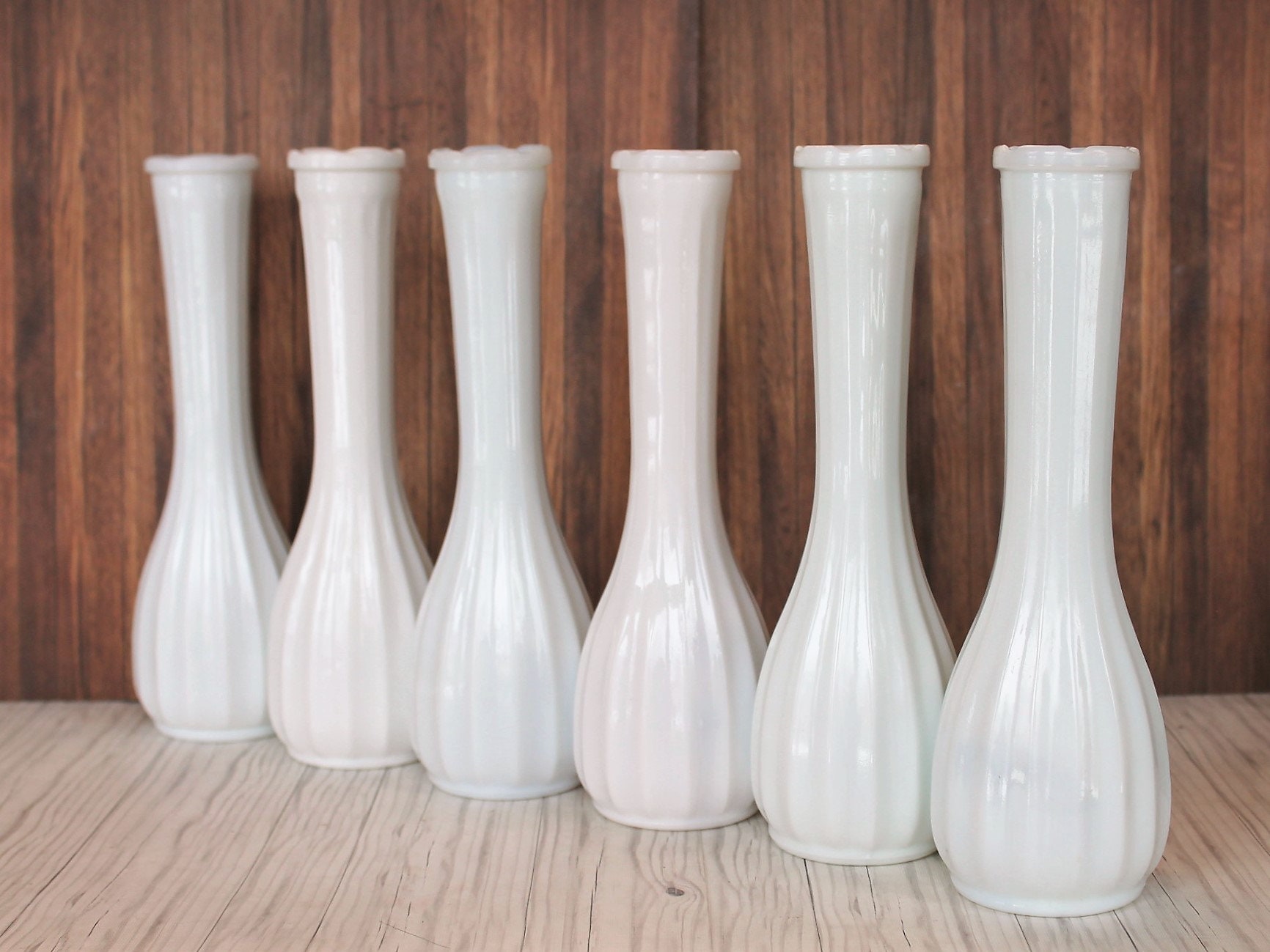 Vintage Set of 6 White Milk Glass Vases Ribbed Swirl Pattern 8 Tall