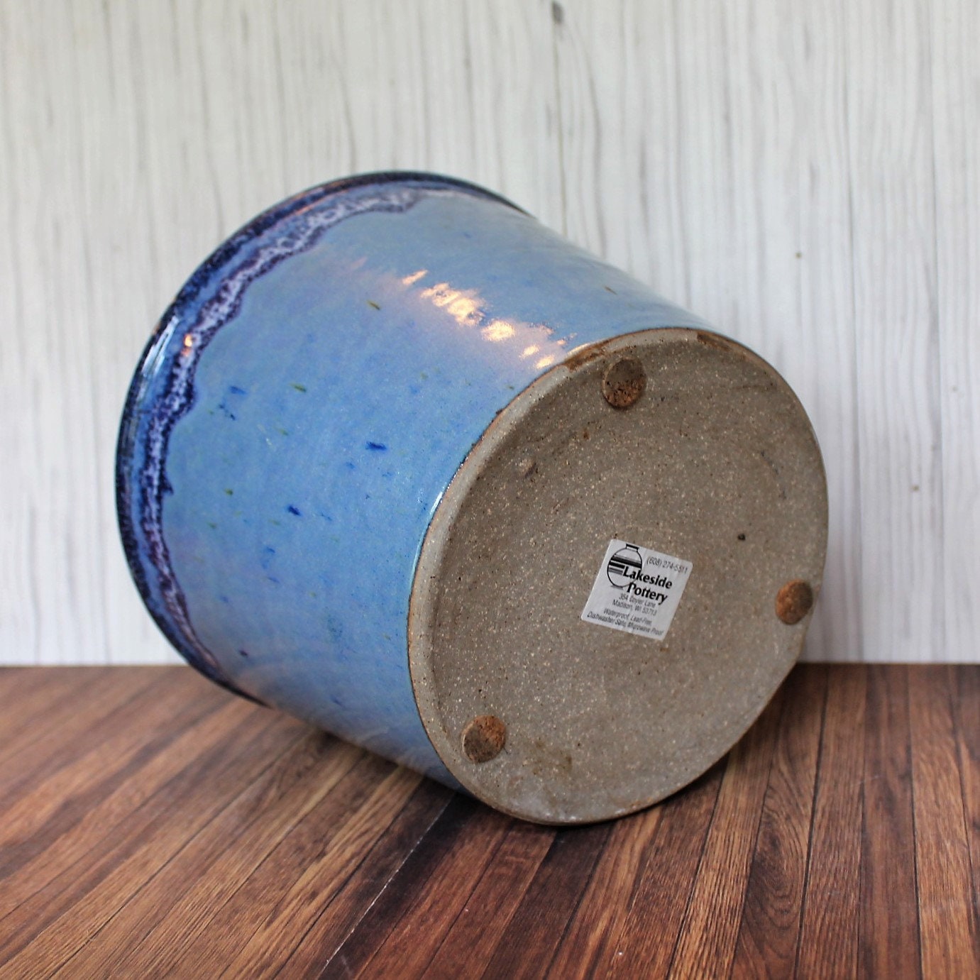 Vintage Stoneware Pottery Planter Blue and White Drip Glaze Hand Made