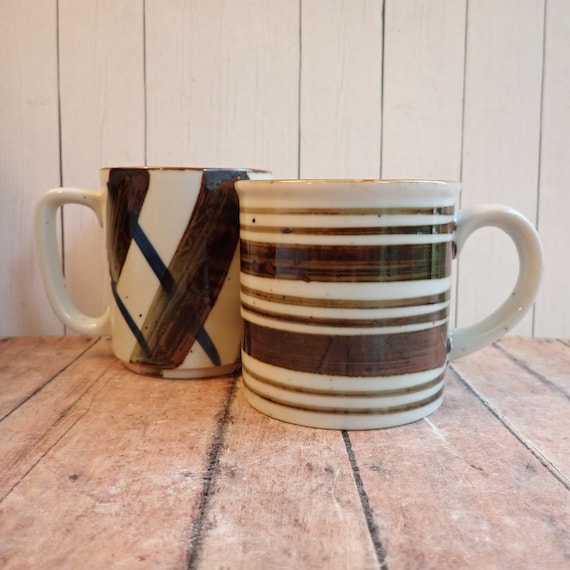 Vintage Stoneware Mug Set of 2 White and Brown Banded Striped Designs JapanOtagiri Style Mugs