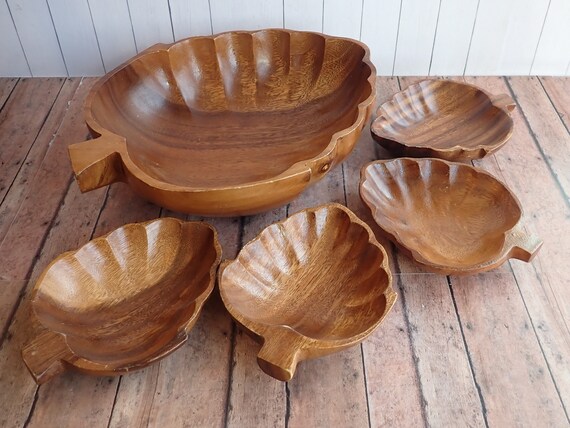 Vintage Monkey Pod Wood Bowl Set of 5 Leaf Shaped Bowls with Large Serving Bowl and 4 Individual Bowls Tropical Patio Leaves Philippines