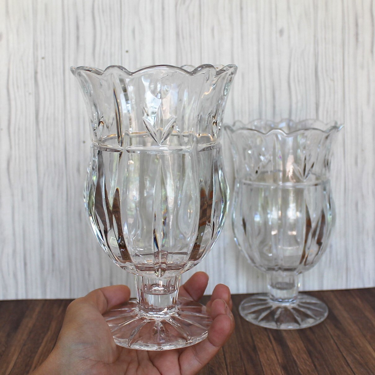 Vintage Block Crystal TULIP GARDEN Clear Glass Hurricane Vase Set of 2 Tall with Floral Flower