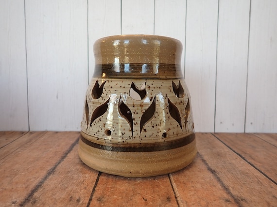 Vintage POTTERS FIELD Stoneware Pottery Luminary Candle Lantern with Flower Tulip Pattern