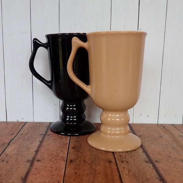 Vintage HALL Pottery Tan and Black Pedestal Mug Set of 2 Irish Coffee Cup Footed 1272 Modern Style