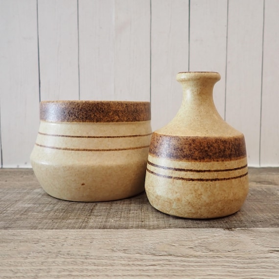 Vintage Pottery Craft USA Stoneware Vase and Planter Set of 2 Cream Yellow Tan Brown Striped Banded Design PotteryCraft USA Mid Century
