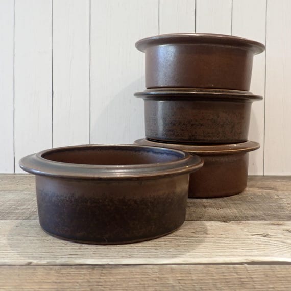 Vintage Arabia of Finland RUSKA Rim Fruit Dessert Bowl Set of 4 Brown Rustic Stoneware Bowls