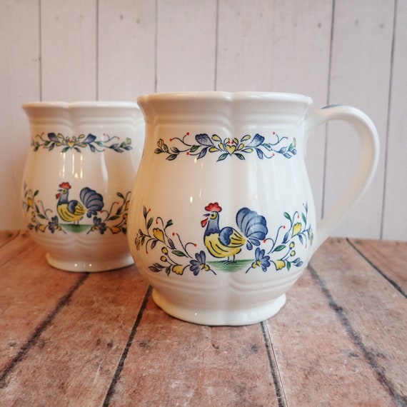 Vintage White Ceramic Rooster Mug Set of 2 Matching Mugs Coffee Cups White with Blue and Yellow Rooster and Flower Farmhouse Design Japan