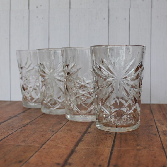 Vintage Anchor Hocking PRESCUT CLEAR Flat Tumbler Set of 4 or Set of 8 Glasses