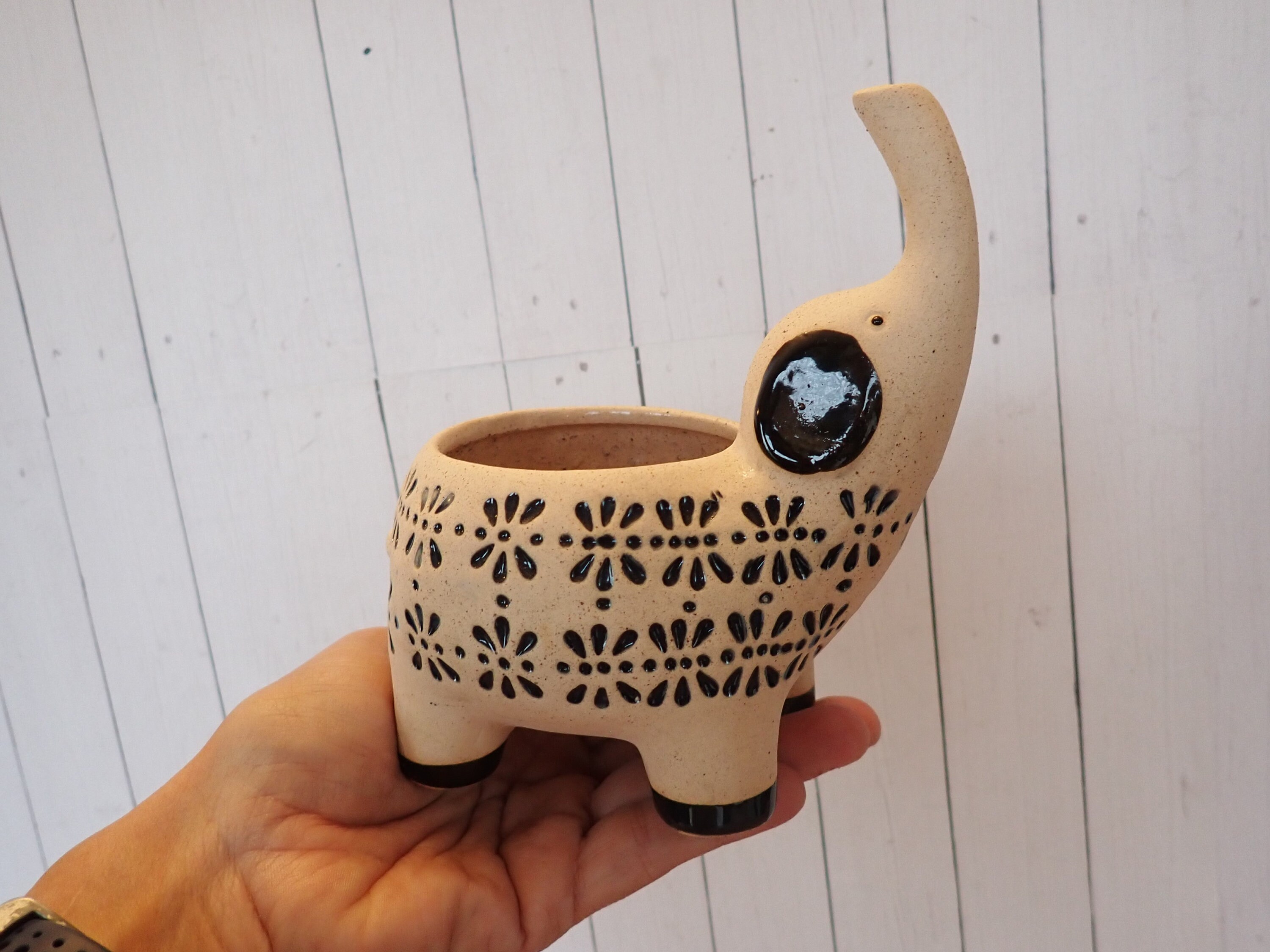 VIntage Small Elephant Succulent Planter Beige Tan and Blue Flower