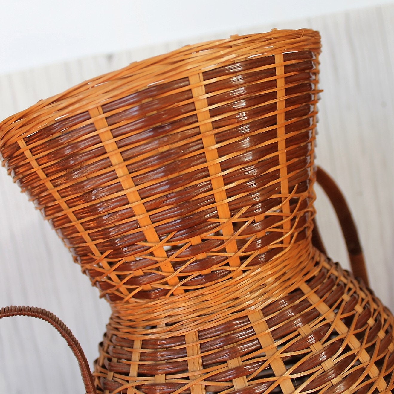 Vintage Woven Wicker Basket Vase Asian Ikebana Tall Roud Basket with