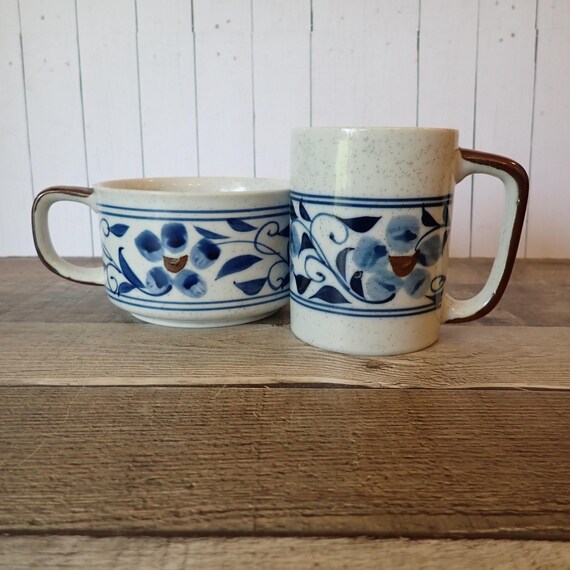 Vintage Otagiri HACIENDA Soup Bowl and Mug Set of 2 White Stoneware with Blue Flower and Leaf Design