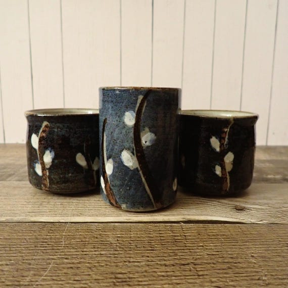 Vintage Otagiri Pussywillow Juice Cup and Saki Cup Set of 3 Blue Stoneware Brown Branch Pussy Willow