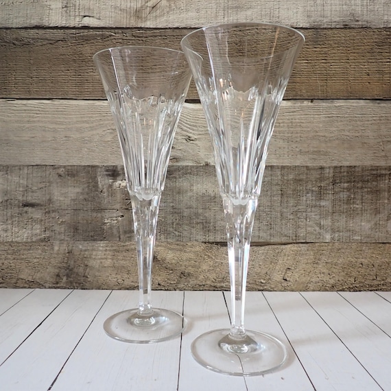 Vintage Waterford Millenium LOVE Fluted Champagne Goblet Set of 2 Clear Crystal Glasses with Heart Design AS IS Small Chip