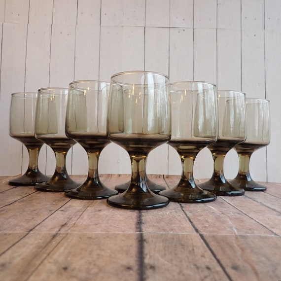 Vintage Libbey Glass TAWNY ACCENT Smoky Brown Wine Glass Set of 8 Glasses