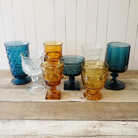 Vintage Mismatched Blue Amber Clear Glass Goblets Wine Glasses Set of 8 Mix and Match Set