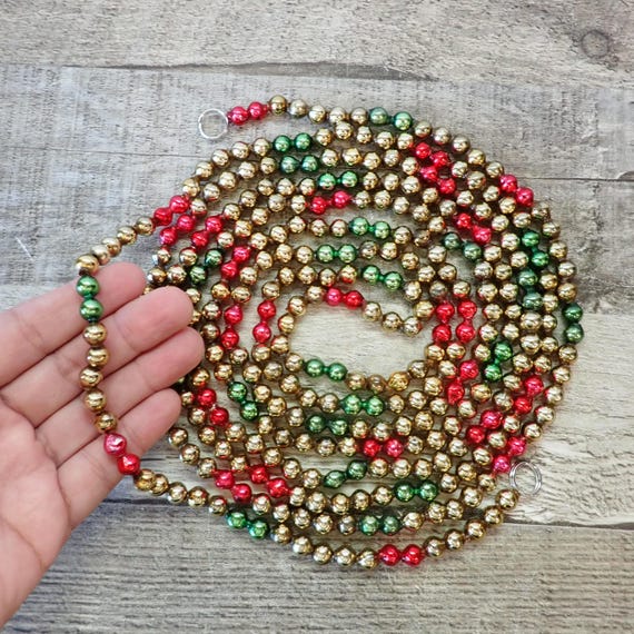 Vintage Mercury Glass Bead Garland 9' Beaded Mini Gold Red and Green Feather Tree Christmas Tree Garland Handmade Repurposed Beads