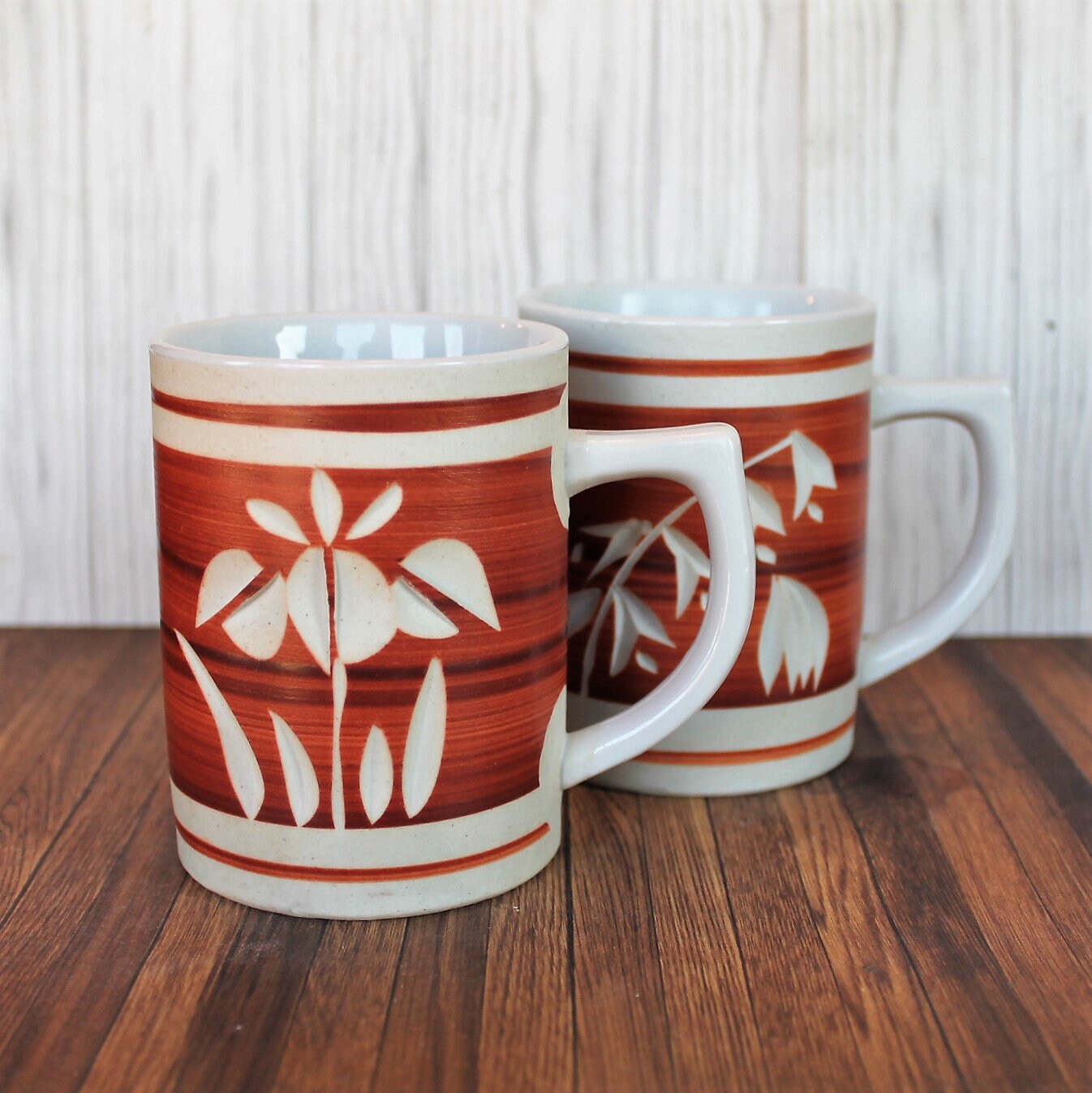 Vintage Ceramic Mug Set of 2 White Orange Etched Leaf Flower Leaves