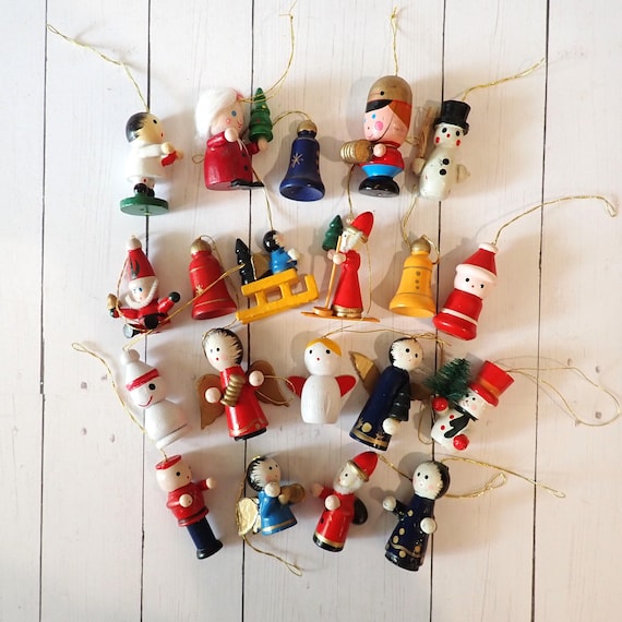 Vintage Wooden Christmas Ornaments Set of 20 Wood Ornaments Mix and Match Set Santa Nutcracker Snowman