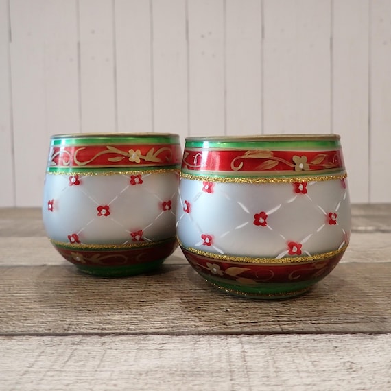 Vintage Silver and Red Glass Votive Tealight Candle Holders Pair Set of 2 Candleholders Diamond and Flower Design