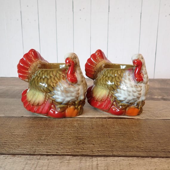 Vintage White Ceramic Turkey Tealight Holders Set of 2 Thanksgiving Table Decor