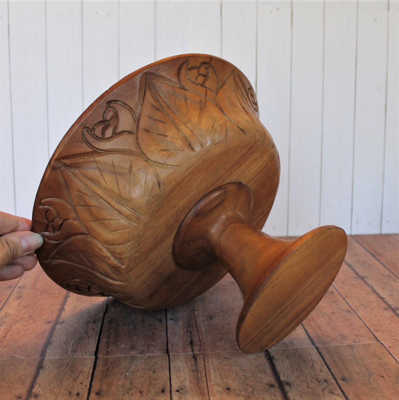 Vintage Wood Footed Pedestal Bowl with Carved Leaf Design Centerpiece