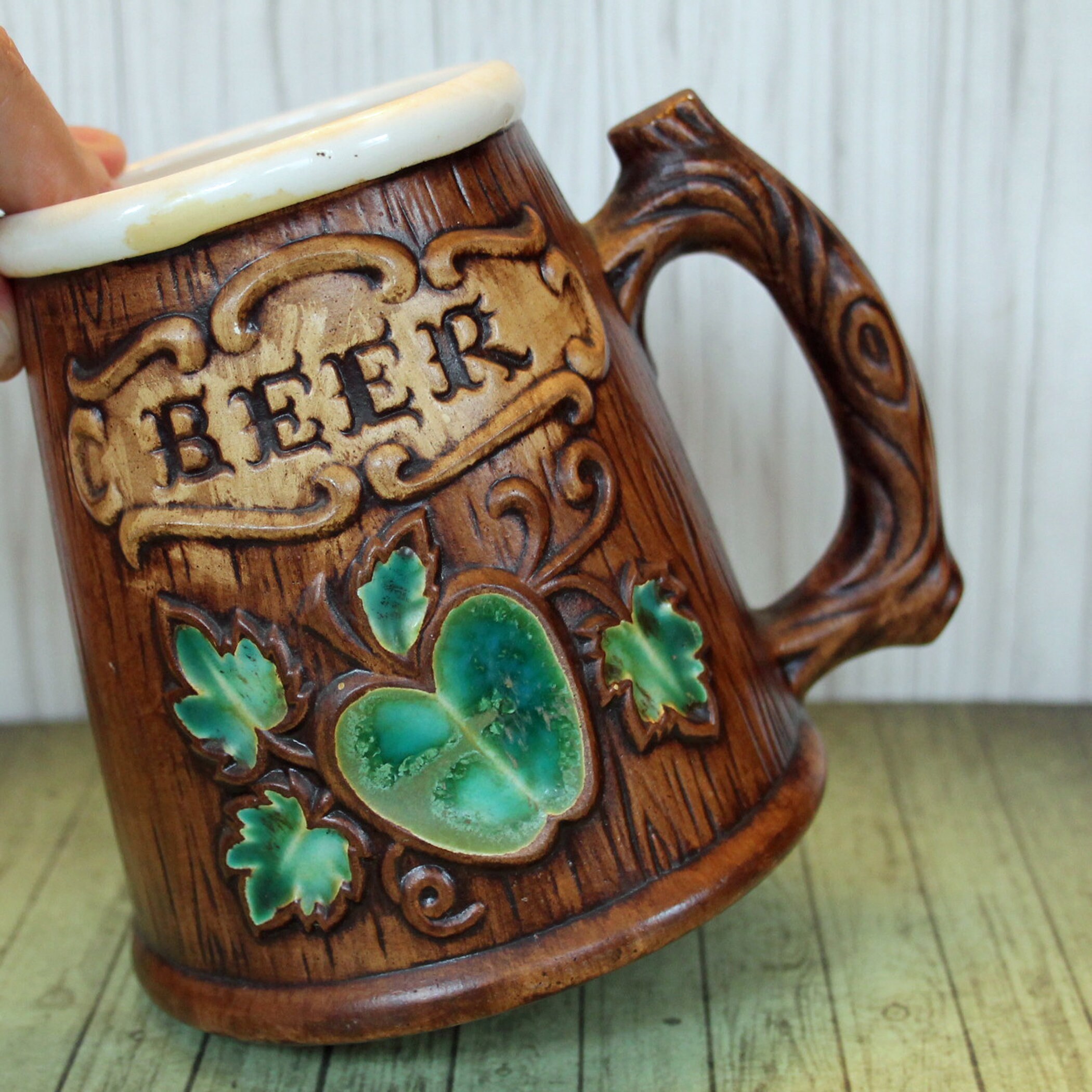 Vintage Treasure Craft Ceramic Beer Mug Stein Brown Faux Wood Texture