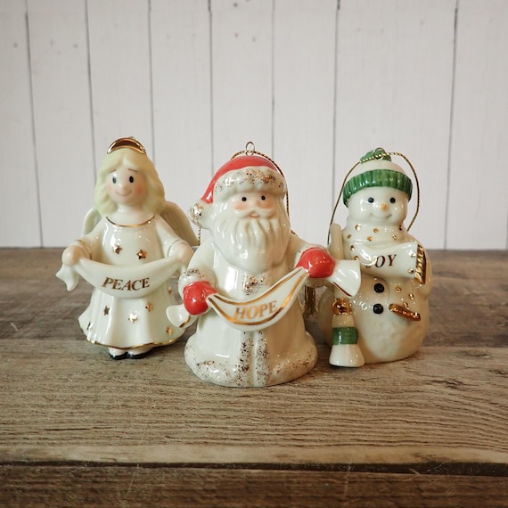 Vintage LENOX Festive Friends Ornament Set of 3 Peace Hope Joy Santa Angel Snowman