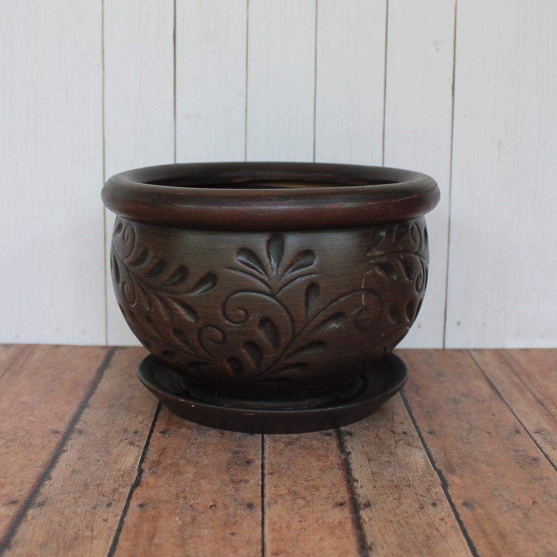 Vintage Stoneware Planter with Underplate Brown with Floral Flower Vine