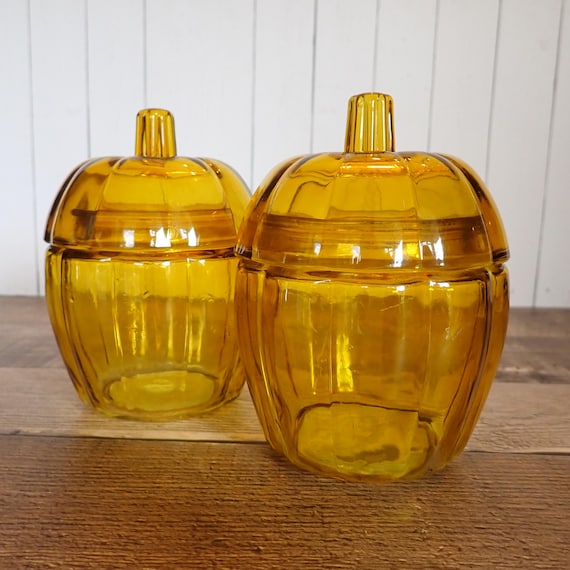 Vintage Amber Yellow Glass Pumpkin Jar Set of 2 Matching Candy Dish Bowl with Lid Candle Holder Halloween Thanksgiving Decor