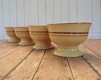 Vintage Pfaltzgraff AMERICA China Sherbet Set of 4 Footed Bowls Cream Tan Stoneware Brown Stripes