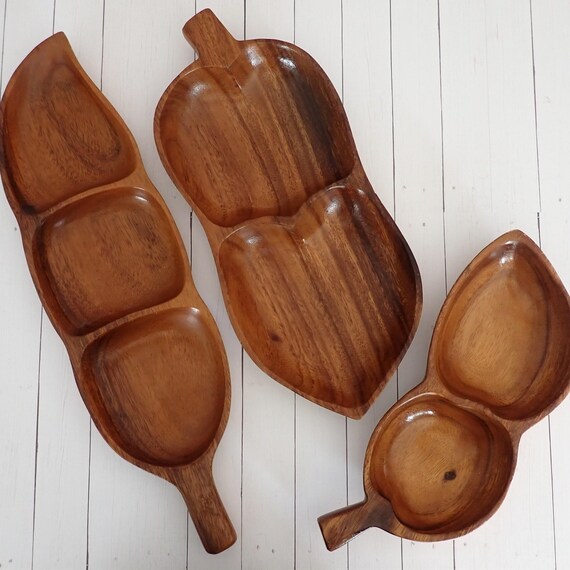 Vintage Wood Leaf Shaped Divided Bowls Set of 3 Wooden Serving Bowls 3 Section Tiki Patio Hawaiian Decor Polynesian Tropical