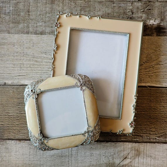 Vintage Silver Metal and Cream Enamel Photo Picture Frame Set of 2 Flower and Rhinestone Designs