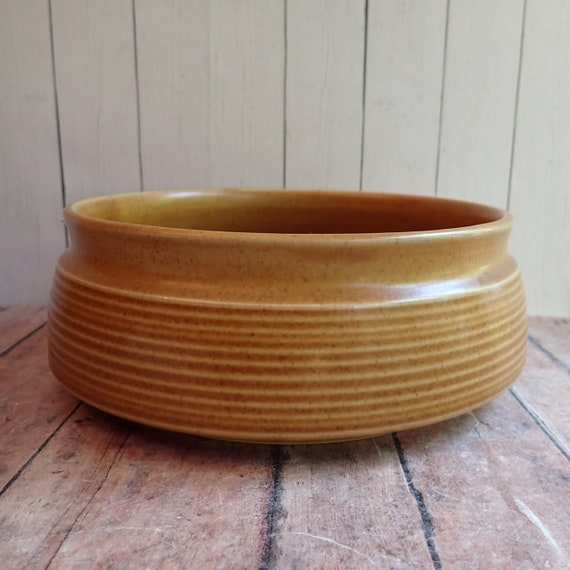 Vintage Denby CANTERBURY 8" Vegetable Serving Bowl Gold Tan Yellow Stoneware with Banded Design Made in England
