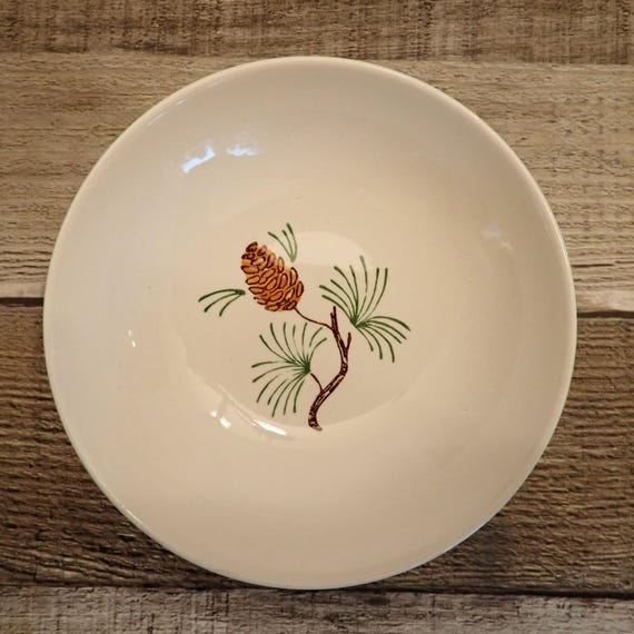 Vintage Marcrest Stetson PINE Fruit Dessert Bowl Set of 7 Winter Holiday Dinnerware with Evergreen and Pinecones