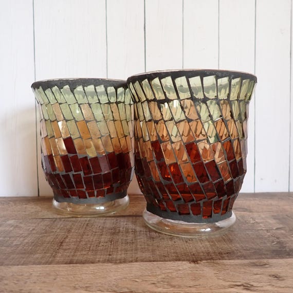 Vintage Glass Votive or Tealight Mosaic Candle Holder Set of 2 Amber Brown Yellow