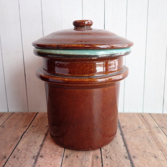 Vintage Red Wing VILLAGE GREEN Canister with Lid Brown and Green Blue Stoneware Oomph Country Fare
