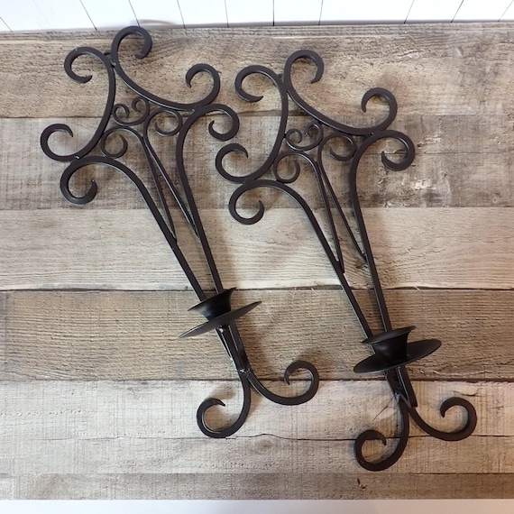 Vintage Black Metal Wall Sconce Candle Holder Set of 2 Iron Scroll Made in India