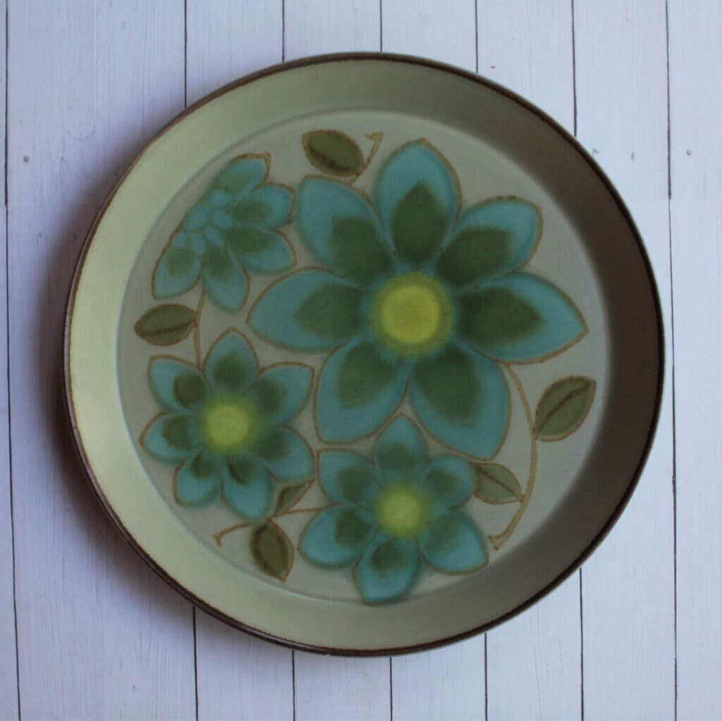 Vintage Mikasa Stonekraft JADE STONE Dinner Plate Set of 5 Plates Green Stoneware with Blue