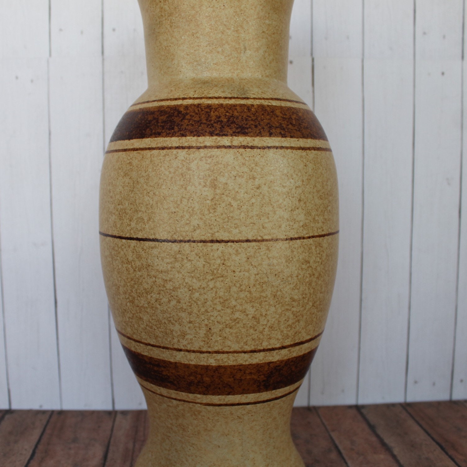 Vintage Pottery Craft USA Stoneware Large Vase Cream Yellow Tan Striped