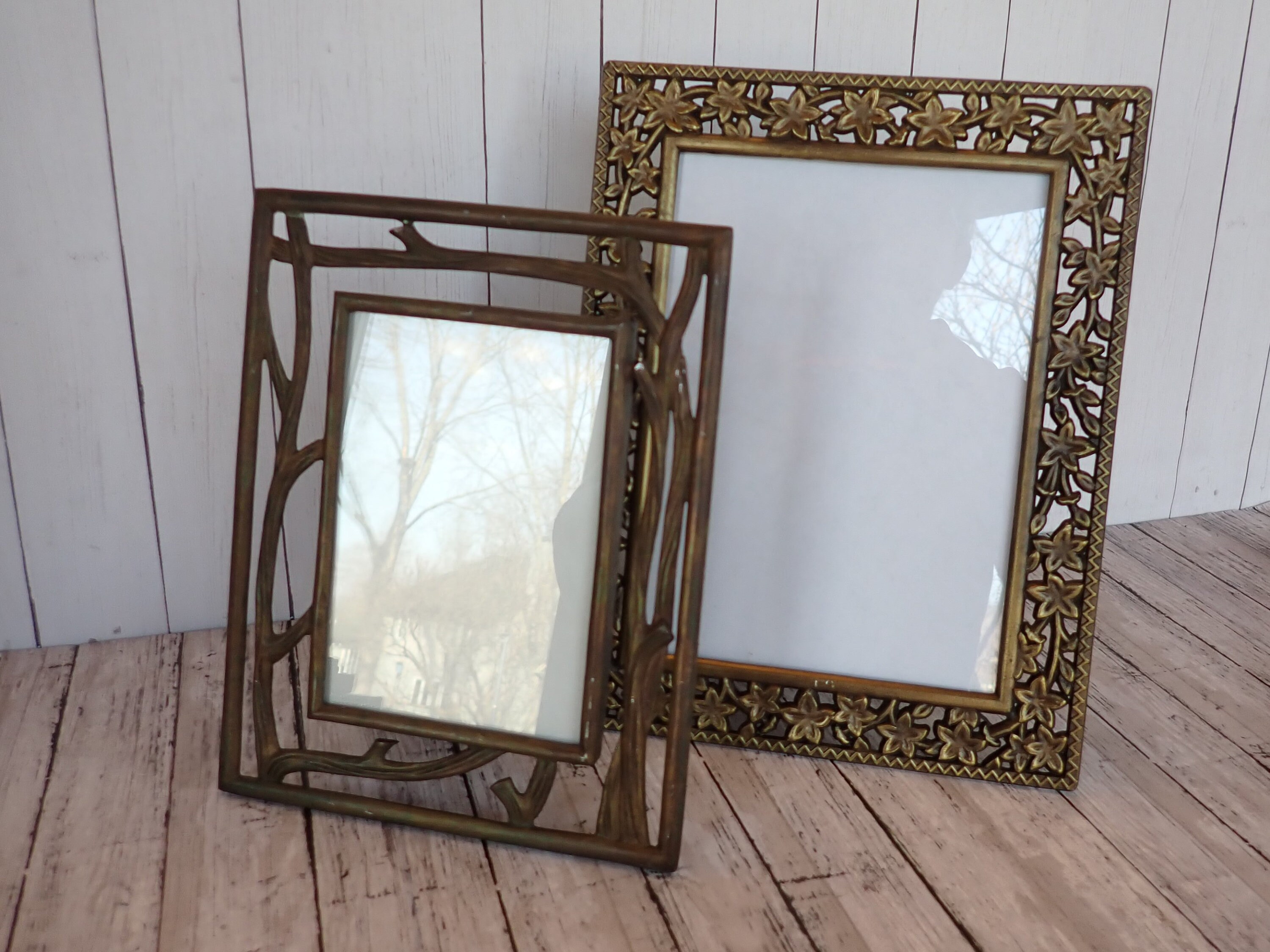 Vintage Bronze Metal Picture Photo Frame Set of 2 Etched Leaf and Tree