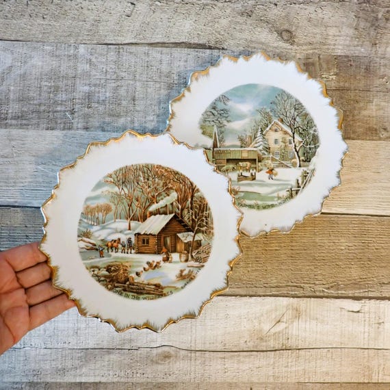 Vintage Currier and Ives Plate Set of 2 Winter Scenes Farmers Home and Home in the Wilderness with Wall Hangers